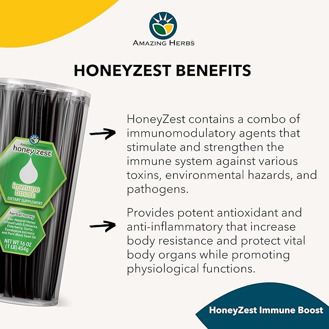 Amazing Herbs Raw Natural Honey - Herbal Honey Infused with Echinacea, Elderberry, Garlic, Eucalyptus Extracts & Pure Black Seed Oil, Non GMO, Gluten Free - Honeyzest Immune Boost Straws, 100 Count