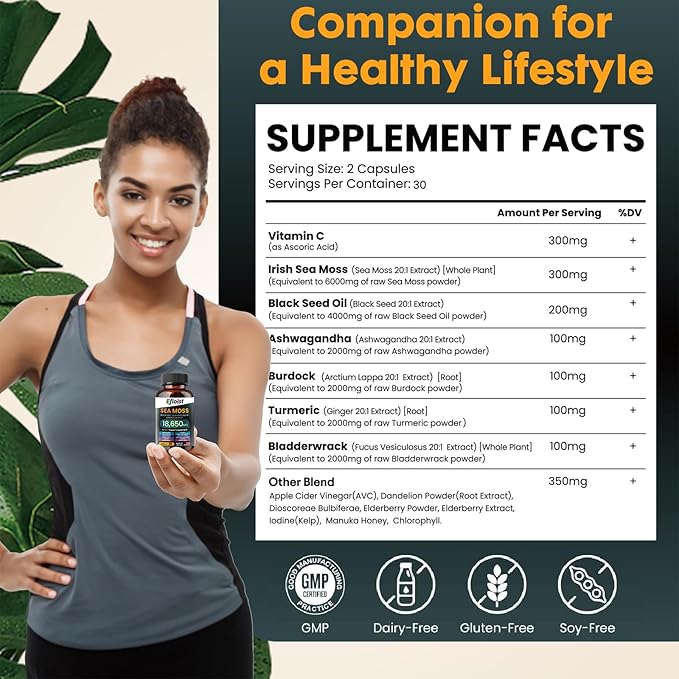 Sea Moss Black Seed Oil Ashwagandha Ginger & Burdock Root Turmeric Bladderwrack Chlorophyll ACV Supplement for Immunity, Skin 120 Count