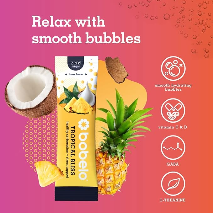 BOBELO CARBONATION Flavor Packets - Trial Pack, 3 of Each Flavor, Tropical Bliss, Mountain Berries, Lavender Lemonade & Orchard Breeze, Self Carbonating Hydration Electrolyte Drink Mix, Real Fruit