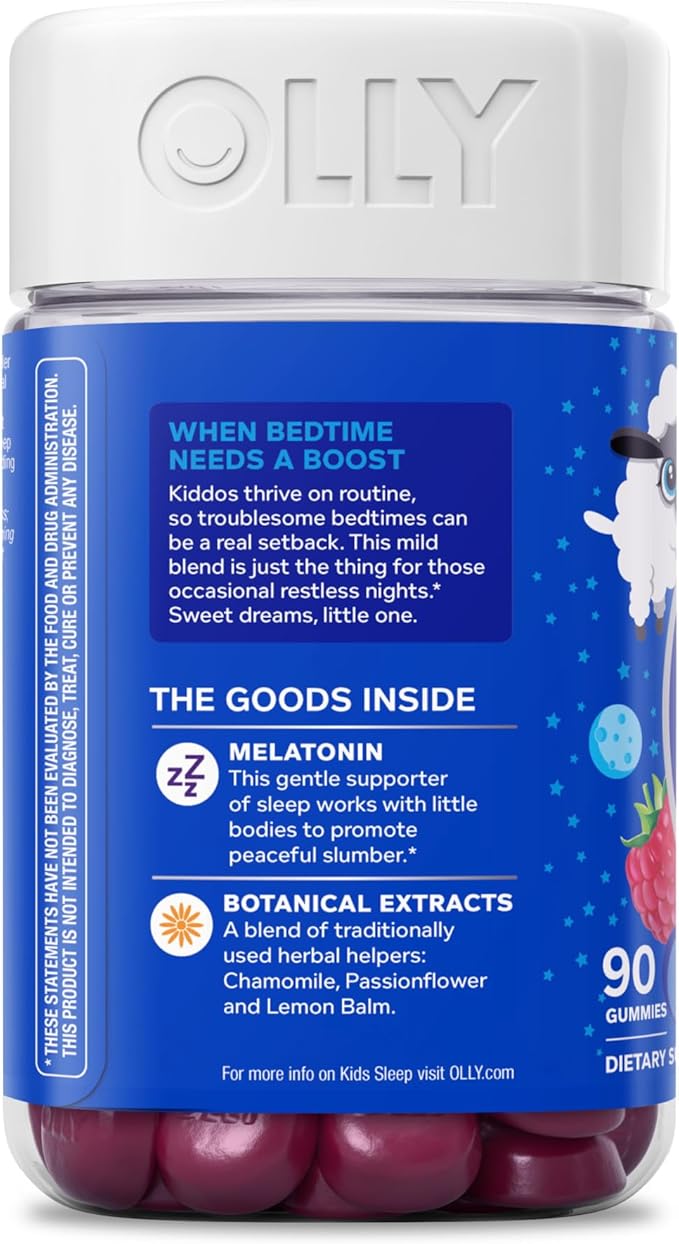 OLLY Kids Sleep Gummy, Occasional Sleep Support, 0.5mg Melatonin, L Theanine, Chamomile, and Lemon Balm Extracts, Childrens Chewable Supplement, Raspberry Flavor - 90 Count
