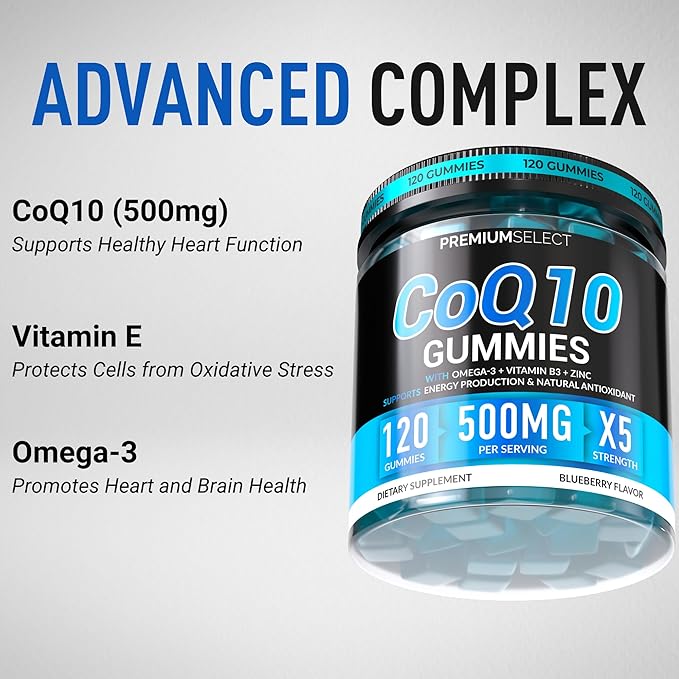 CoQ10 Gummies for Adults 500mg Sugar Free - 120 Cq10 Gummies High Absorption Supplement with Omega-3, Vitamin B3, and Zinc Supports Heart Health, Cellular Energy Antioxidant Protection Gummy Chews