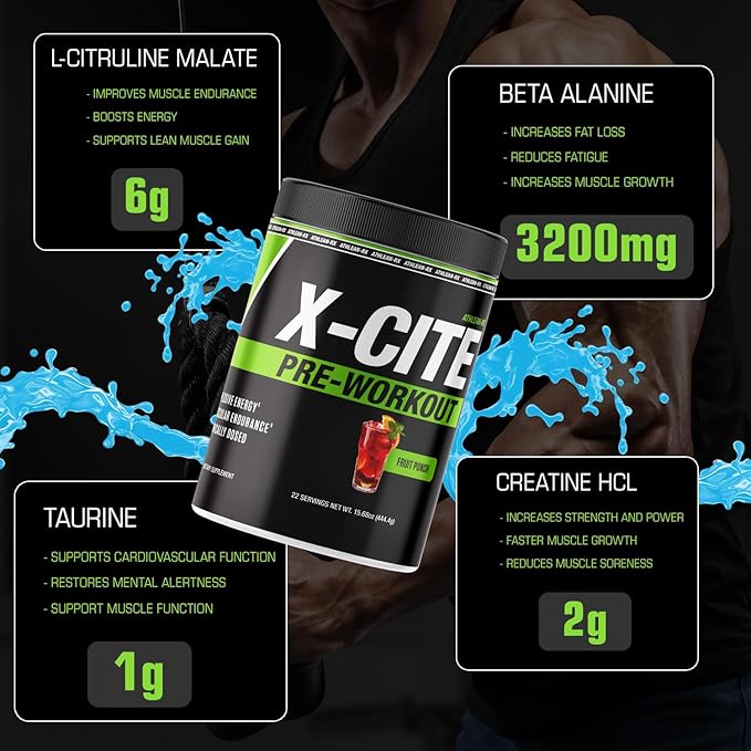 X-CITE Pre-Workout by ATHLEAN-X - Enhanced Formula with Beta-Alanine, Creatine & Caffeine for Ultimate Energy, Endurance, Focus & Muscle Pump, NSF Certified (22 Servings, Fruit Punch)