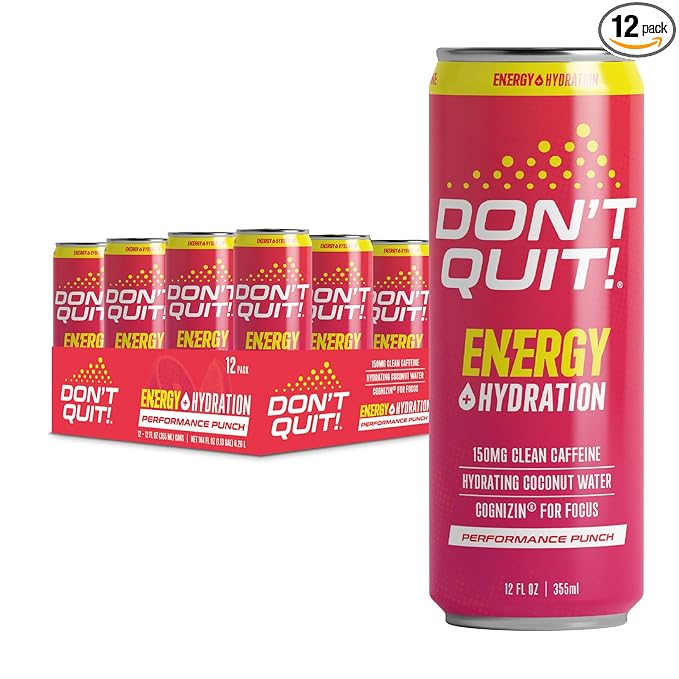 DON’T QUIT Clean Sports Energy Drink - 150 Milligrams of Natural Caffeine with Coconut Water and Electrolytes for Hydration and Cognizin® for Attention and Focus - (Performance Punch, 12 Pack)