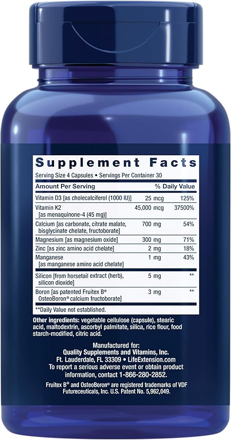 Life Extension Bone Restore Elite Calcium Supplement with Super Potent K2, Calcium, Vitamin D3, Magnesium, Boron, zinc, Vitamin K2, for Bone Health, Gluten-Free, Non-GMO, 120 Capsules