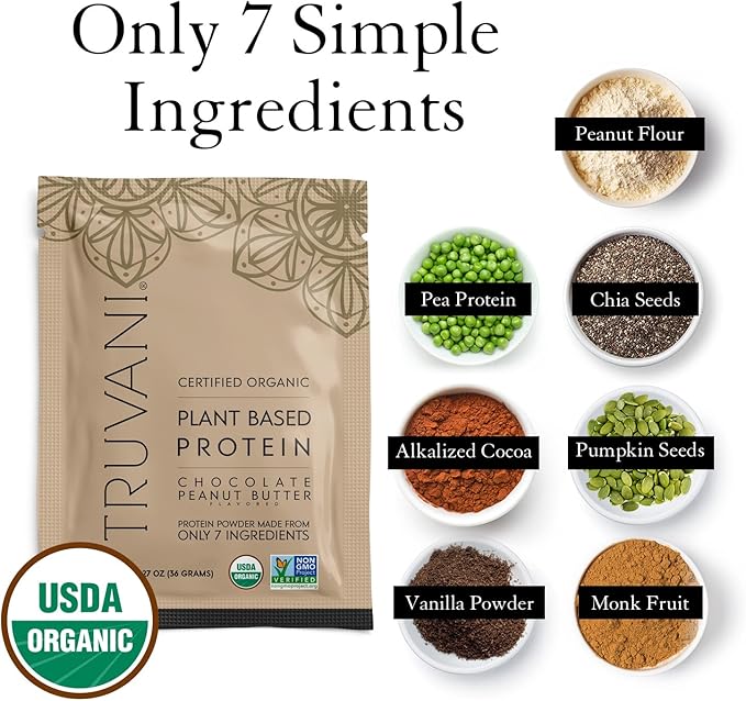 Truvani Vegan Pea Protein Powder | Chocolate Peanut Butter | 20g Organic Plant Based Protein | 1 Serving | Keto | Gluten & Dairy Free | Low Carb | No Added Sugar