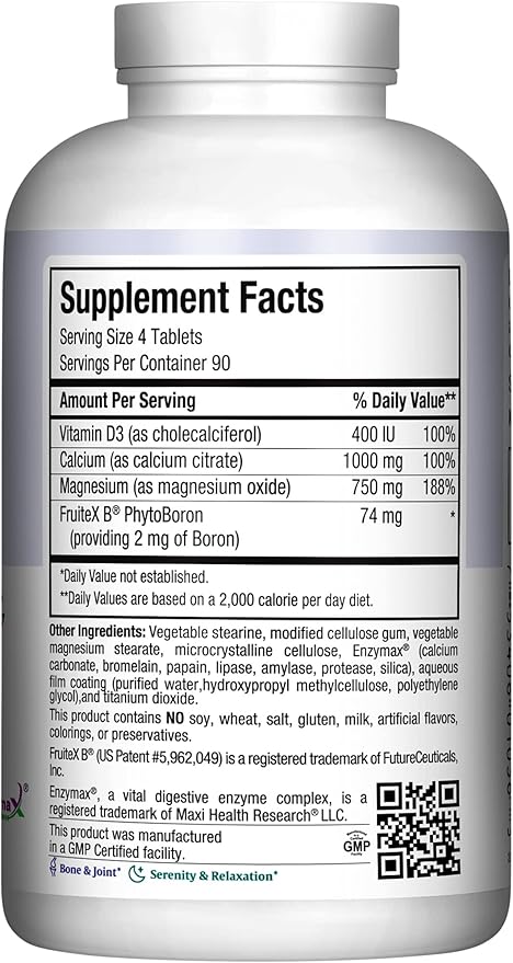 Maxi Health Calcium Magnesium Supplement with Vitamin D3 and Boron - Kosher Bone Health & Nighttime Formula, Calcium Citrate CalMag & Vitamin D (360 Tablets)