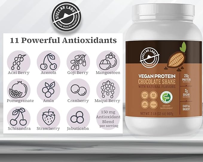 Stellar Labs Vegan Protein Powder with BCAA's & Antioxidants | Certified Low FODMAP, Non GMO, Gluten Free, Soy Free, Low Carb, with Stevia | Lean Plant Based Protein Powder Shakes | Chocolate