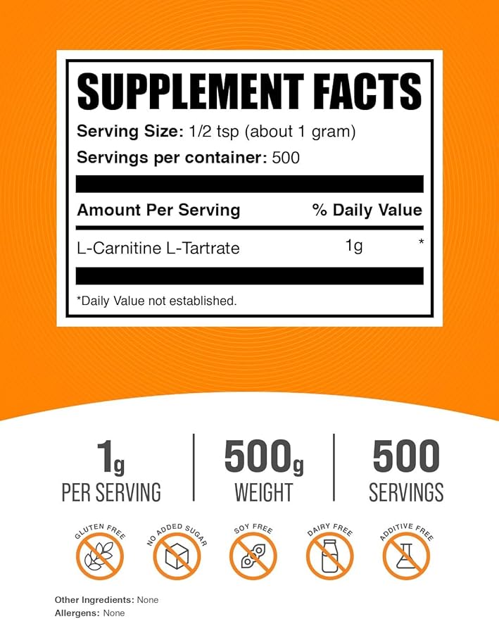 BulkSupplements.com L-Carnitine Tartrate Powder - Amino Acid Powder, Carnitine Supplement - Unflavored & Gluten Free, 1g per Serving, 500g (1.1 lbs) (Pack of 1)