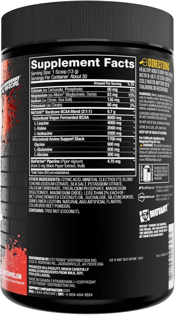 Mutant Hardcore BCAA - Pre, Intra or Post Workout – BCAA Next Level branched-Chain Amino Acids Supplement – Hydration + Recovery - 30 Serving - Watermelon
