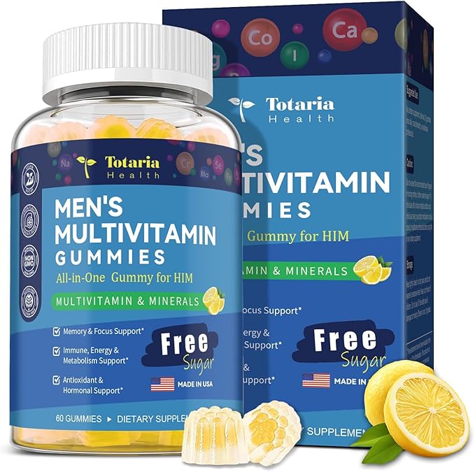 Sugar Free Men's Multivitamin Gummies w/Vegan Omega 3, Maca, Saw Palmetto, Vitamin A, B, C, E, D3, K, Zinc, Daily Methylated Multivitamins for Men, for Immunity, Energy, Lemon Flavor, 60 Counts