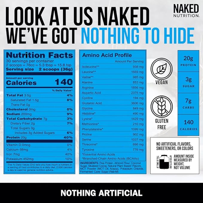 NAKED Shake - Chocolate Coconut Almond Protein Powder - Flavored Plant Based Protein from US & Canadian Farms with MCT Oil, Gluten-Free, Soy-Free, No GMOs or Artificial Sweeteners - 30 Servings