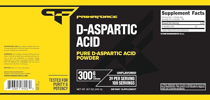 Primaforce D-Aspartic Acid 300 Grams (100 Servings), Unflavored, Vegetarian, Non-GMO