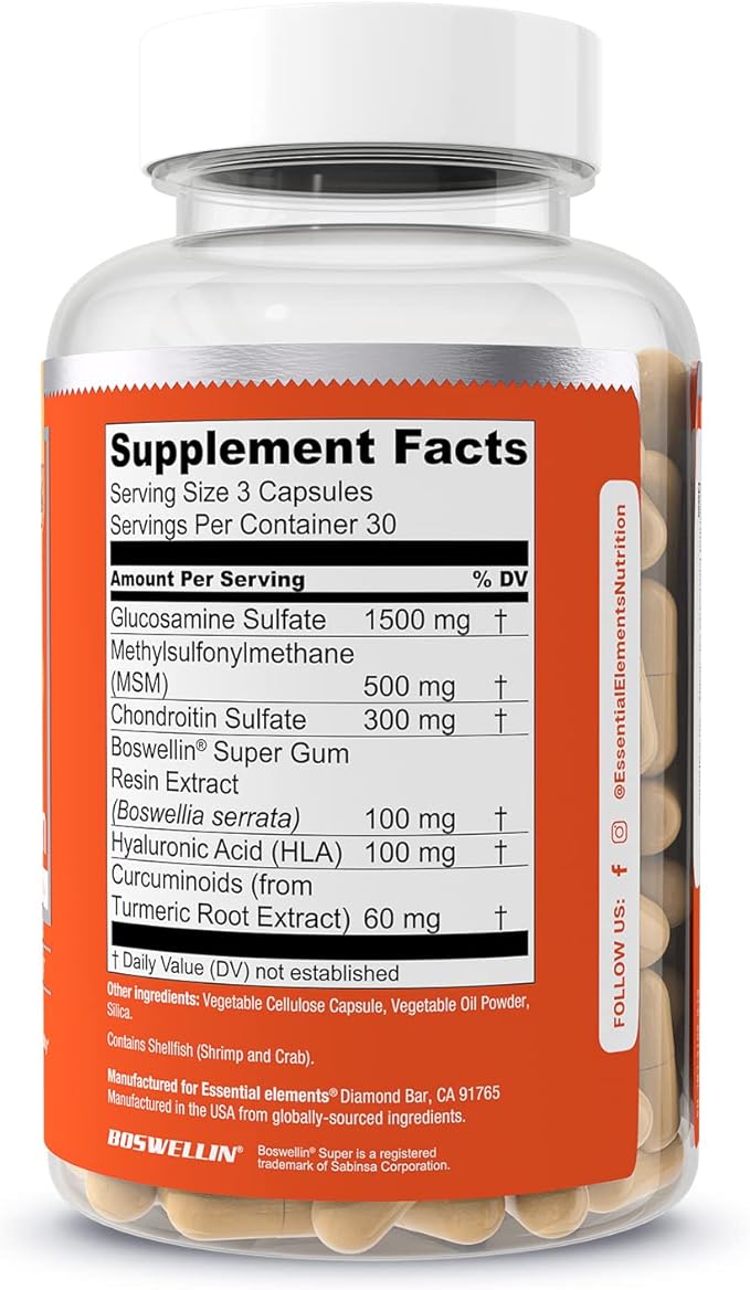 Essential Elements Glucosamine Chondroitin MSM Boswellia Serrata Hyaluronic Acid Supplement Joint Support Antioxidant Supplement for Flexibility - 90 Capsules