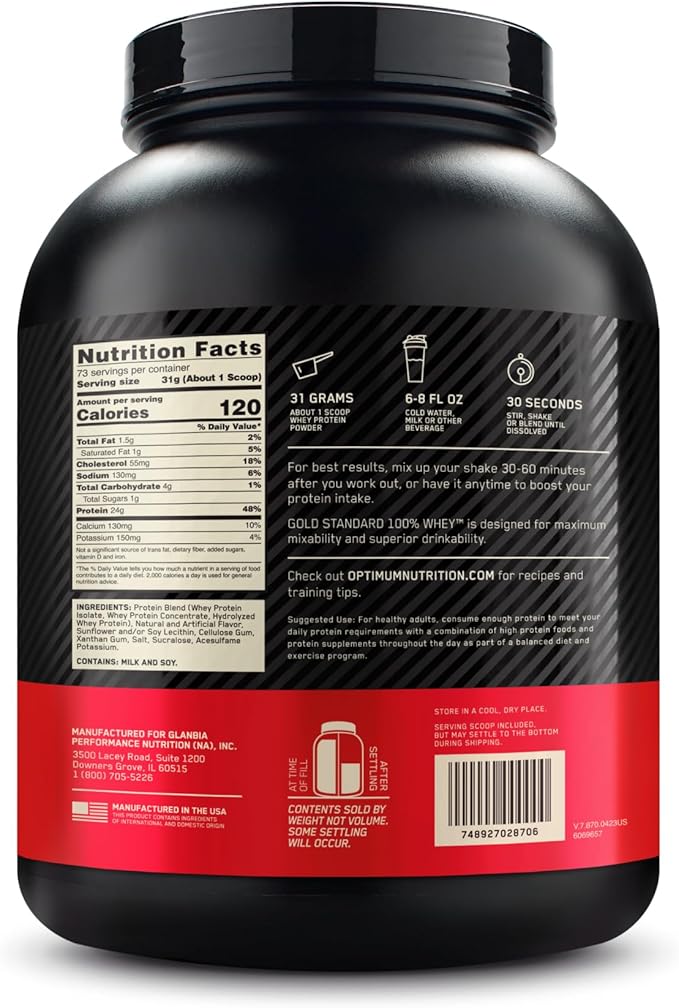 Optimum Nutrition Gold Standard 100% Whey Protein Powder, Vanilla Ice Cream, 5 Pound (Packaging May Vary)