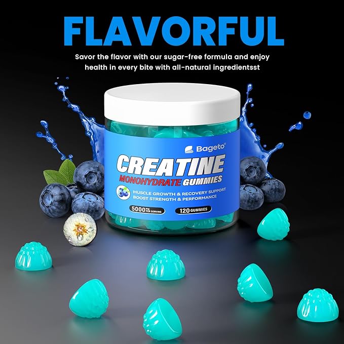 Creatine Monohydrate Gummies 5000mg for Men & Women, Gomitas de Creatina 5g Creatine Monohydrate,0g Sugar Chewables Creatine Pre-Workout for Muscle Strength, Vegan (Strawberry and Blueberry)