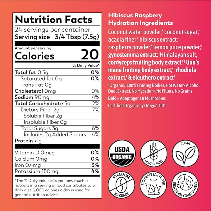 Rasa Raspberry Hibiscus Hydration | Organic Boosted Iced Tea with Adaptogens and Mushrooms | Gluten-Free, Premium Electrolyte Powder Drink Mix, Refreshing Hydration (6 oz / 24 Servings)