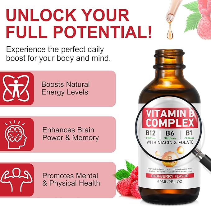 Vitamin B Complex Liquid, Vegan Vitamin B12 Liquid Drops | B12 Methylcobalamin | B1 Thiamine | B6 Pyridoxine | Folic | Niacin - B Complex Liquid Drops, Support Energy, Brain & Heart, 40 Servings