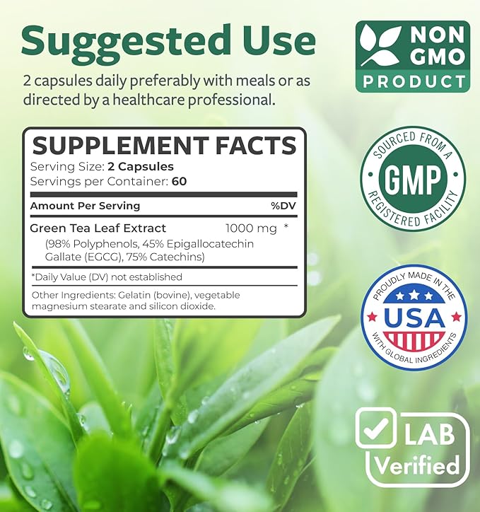 Green Tea Extract Capsules 98% with EGCG - 120 Count (Non-GMO) for Natural Metabolism Boost - Leaf Polyphenol Catechins - Antioxidant Supplement - Green Tea Pills - 1000mg (500mg per Capsule)