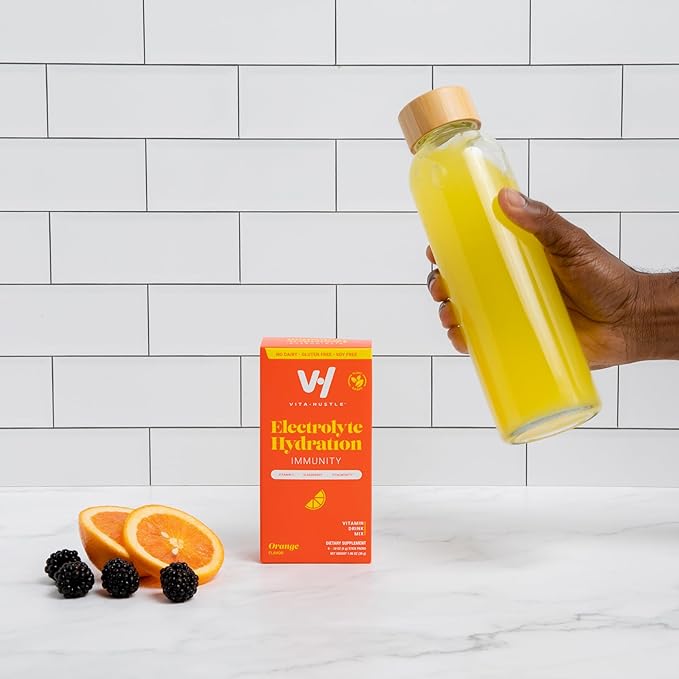 VitaHustle Electrolyte Hydration Immunity Drink Mix, Caffeine Free Stick Packs, Beta Glucan, Vitamin C, Elderberry (6 Count, Orange)