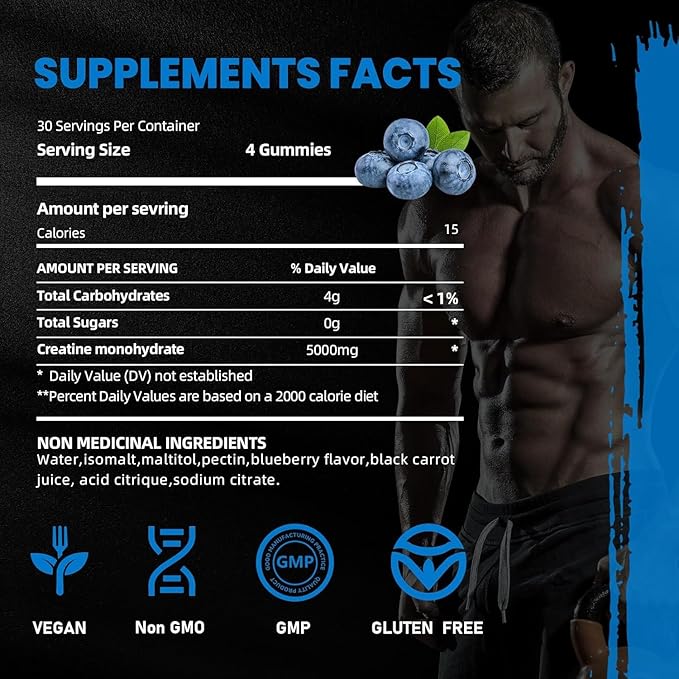 Creatine Monohydrate Gummies 5000mg for Men & Women, Gomitas de Creatina 5g Creatine Monohydrate,0g Sugar Chewables Creatine Pre-Workout for Muscle Strength, Vegan (Strawberry and Blueberry)