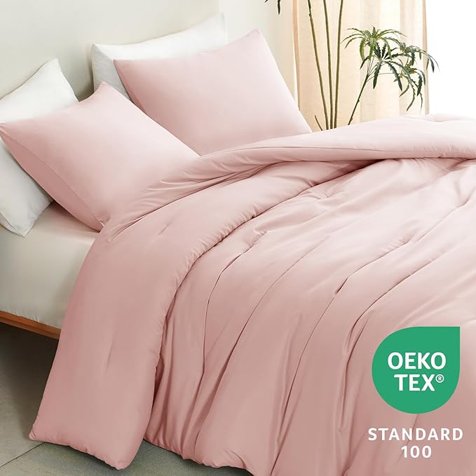 CozyLux Blush Pink Comforter Set Full Size for Girls, 3 Pieces Women Solid Breathable Quilted Boho Style Bedding Sets, Luxury Fluffy Soft Microfiber Comforter & 2 Pillowcases All Season