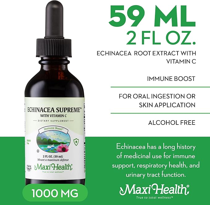 Maxi Health - Organic Echinacea Supreme Liquid Extract with Vitamin C - Immune Support Supplement Echinacea Drops - 1000mg Echinacea Root & Whole Plant Herb Extract - 2 Fl Oz Immune Booster Bottle