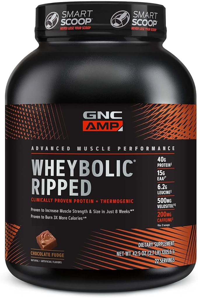 GNC AMP Wheybolic Ripped Protein Powder & Thermogenic Protein Supplement, Muscle Strength & Size, Energy & Endurance, 40g Protein, 6.2g Leucine, 15g EAA, Caffeine, Chocolate Fudge, 22 Servings