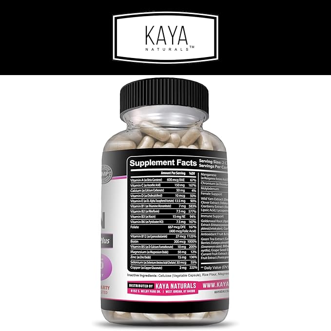 Kaya Naturals Women's Multivitamin, Overall Healthy Antioxidant, and Immune Support, Vitamins A, D, C, E, Biotin, Folic Acid, & Multi-Mineral, Energy & Metabolism Vitamin Supplement 30 Count