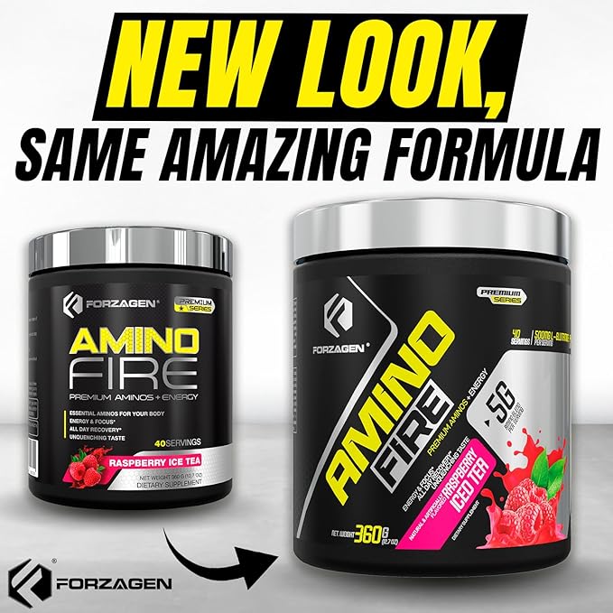 Forzagen Amino Fire | Essential Amino Energy Powder for Pre-Workout | BCAA Energy Boost & Muscle Recovery Drink Mix, Enhance Focus & Concentration, Dietary Supplement | Raspberry Ice Tea, 40 Servings