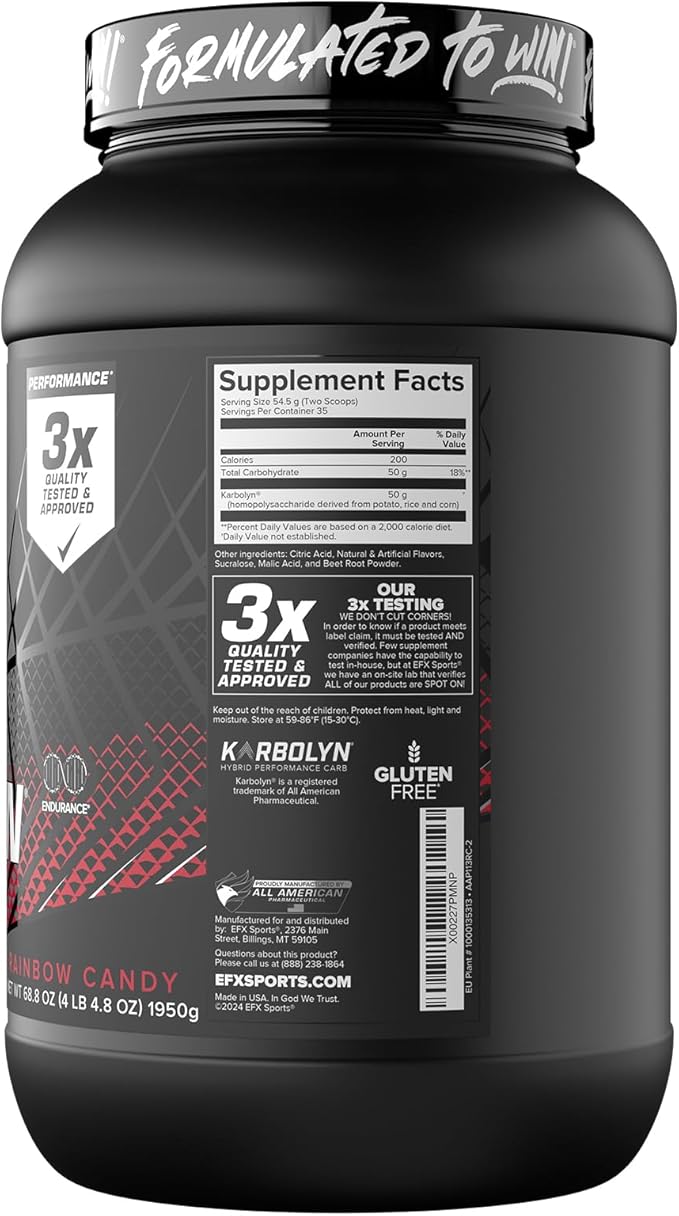 EFX Sports Karbolyn Fuel | Fast-Absorbing Carbohydrate Powder | Carb Load, Sustained Energy, Quick Recovery | Stimulant Free | 35 Servings (Rainbow Candy)