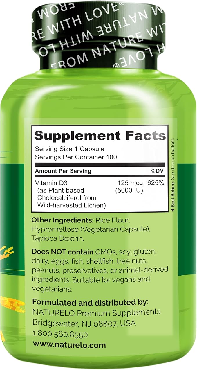 NATURELO Vitamin D - 5000 IU - Plant Based from Lichen - Natural D3 Supplement for Immune System, Bone Support, Joint Health - High Potency - Vegan - Non-GMO - Gluten Free - 180 Capsules (Pack of 2)