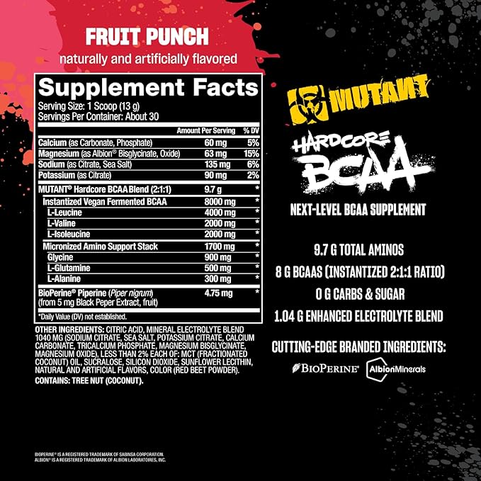 Mutant Hardcore BCAA - Pre, Intra or Post Workout – BCAA Next Level branched-Chain Amino Acids Supplement – Hydration + Recovery - 30 Serving - Fruit Punch