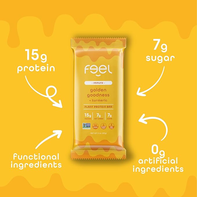 Feel Vegan Protein Bars | Golden Goodness | Keto | Gluten Free | Organic | Turmeric | 15g Plant Protein | Low Carb | High Protein | Dairy Free | Low Sugar | Grain Free | Nut Free | Soy Free | Non GMO - (Golden Goddess, 10 Pack)