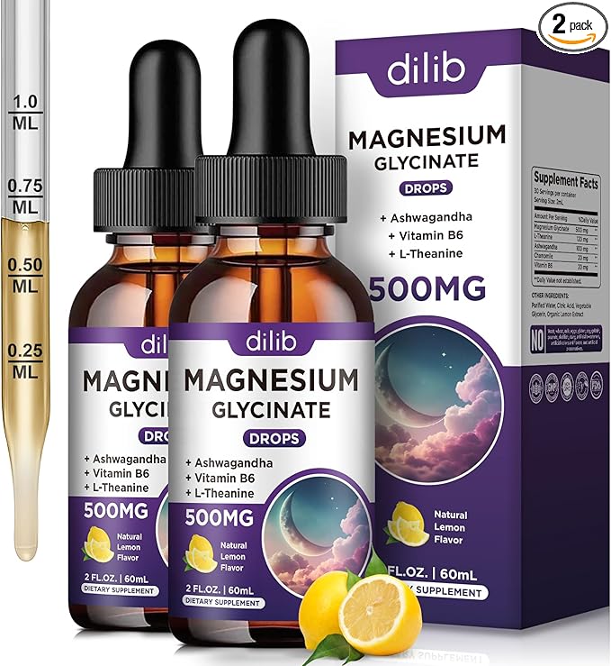 Magnesium Glycinate Supplement, Magnesium Liquid Drops with Magnesium Glycinate 500mg Vitamin B6, Ashwagandha, L - Theanine, Chamomile -Support Stress Relief, Bone, Muscle, Mood Vegan (Pack of 2)