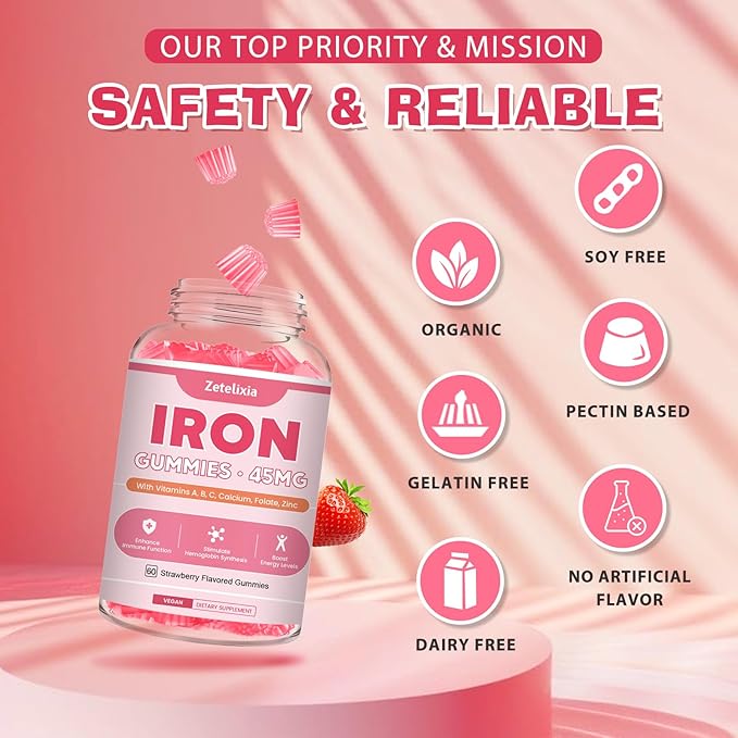 Vegan 2 Pack Iron Supplement Gummies for Women & Men, Anemia, Blood Builder & Energy Support for Iron Deficiency, with Vitamin C, A, B Complex, Folate, CoQ10, Sugar Free, Non-GMO, 120 Count