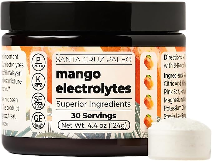 Santa Cruz Paleo Electrolyte Powder Mango with Himalayan & Sea Salt, Magnesium, Potassium, Sugar-Free, 30 Servings