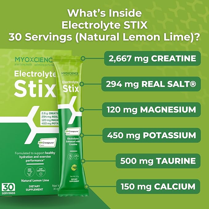 MYOXCIENCE Electrolyte STIX | Creatine Electrolyte Powder | Recovery from Exercise & Muscle Development w/Real Salt (Lemon Lime Flavor) (Stix 30 ct)
