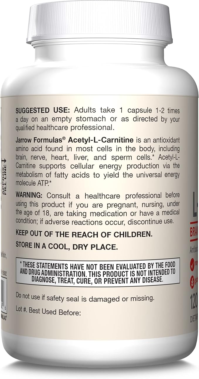 Jarrow Formulas® Acetyl L-Carnitine 500 mg, Dietary Supplement, Amino Acid Support for Brain Health and Antioxidants, 120 Veggie Capsules, 120 Day Supply