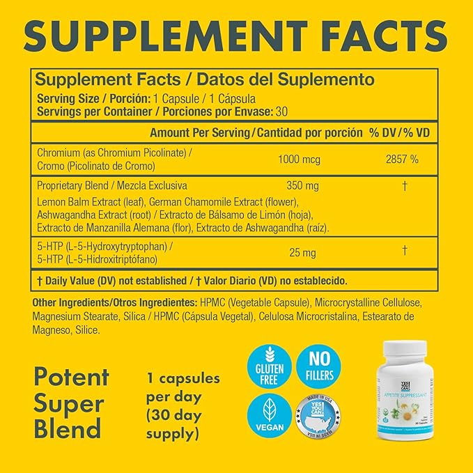 Yes You Can! Appetite Support for Body Weight Management - Healthy Relationship with Food - Includes Natural Ingredients: 5-HTP, Lemon Balm, Chamomile Extract - 30 Capsules, 1 Pack