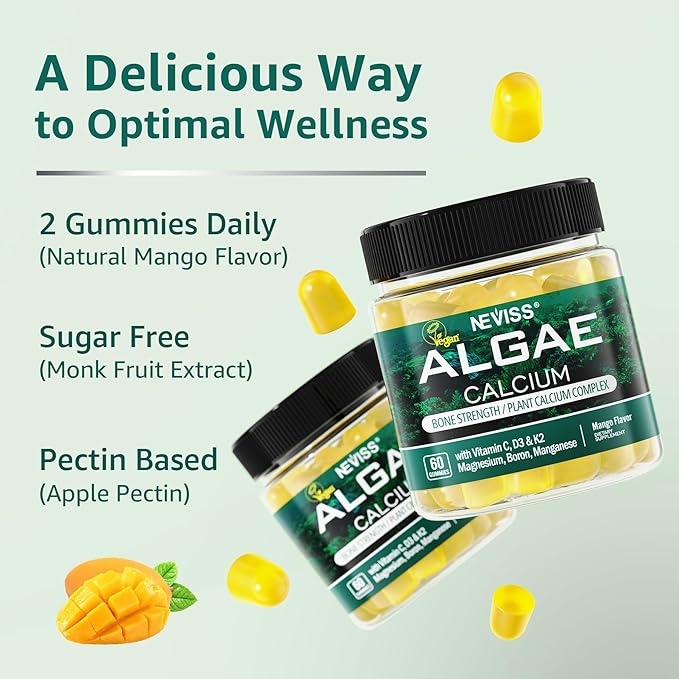Calcium Gummies for Women, Sugar Free Calcium Supplement (Made in USA) with Vitamin D3 K2, C, Zinc, Boron, Sustainable Algae (3rd Party Tested) for Bone Strength, Calcium Absoption, Vegan, 60 Counts
