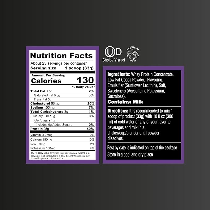 Cookies and Cream Whey Protein Powder. Post Workout Recovery Drink, Gluten & Sugar Free Highly Kosher, 25g Protein. Essential Amino Acids - 5.5g BCAA, 2.7g Leucine, 1.4g Isoleucine, 1.4g Valine 26.4oz
