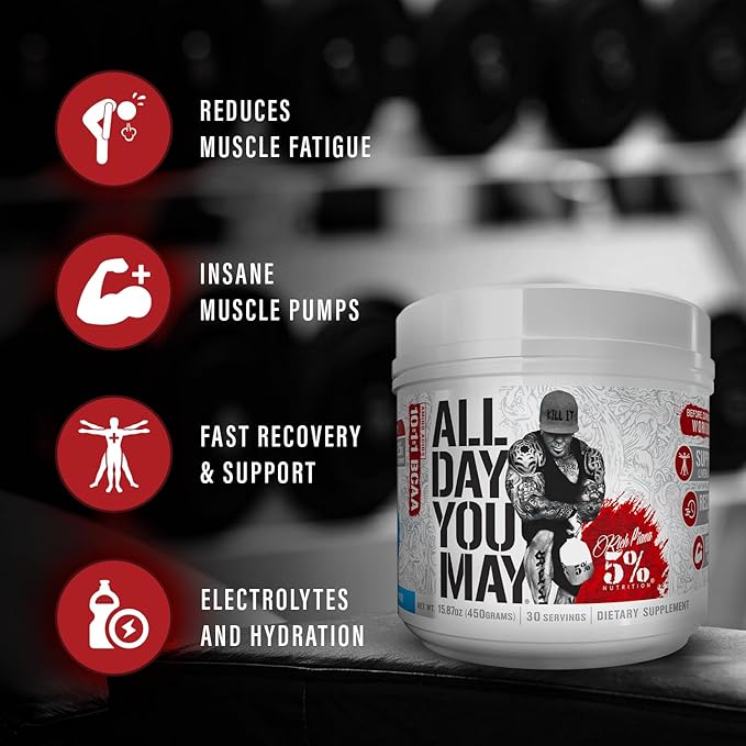 5% Nutrition Rich Piana AllDayYouMay BCAA Powder | Premium Intra & Post Workout Amino Acids, Hydration, Endurance, Muscle Recovery, Joint & Liver Support | 16.3 oz, 30 Servings (Southern Sweet Tea)
