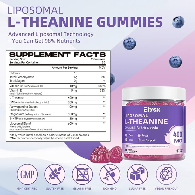 Liposomal L Theanine Gummies, Chewable L-Theanine 400mg with GABA Supplement for Kids & Adults, Stress Relief, zzZ and Relaxation, Focus Support, Natural Blueberry Flavor, 60 Count