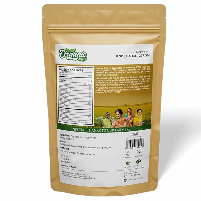 Organic Zing Fenugreek Seeds Also Known As Methi Seeds and Trigonella Foenum-Graecum | Vegan | Preservative Free | Product of India - 227g Resealable Pack