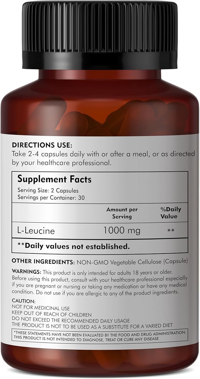 100% Pure L-Leucine 2000mg, Muscle Recovery and Support, Non GMO & Vegan - 60 Vegetarian Capsules