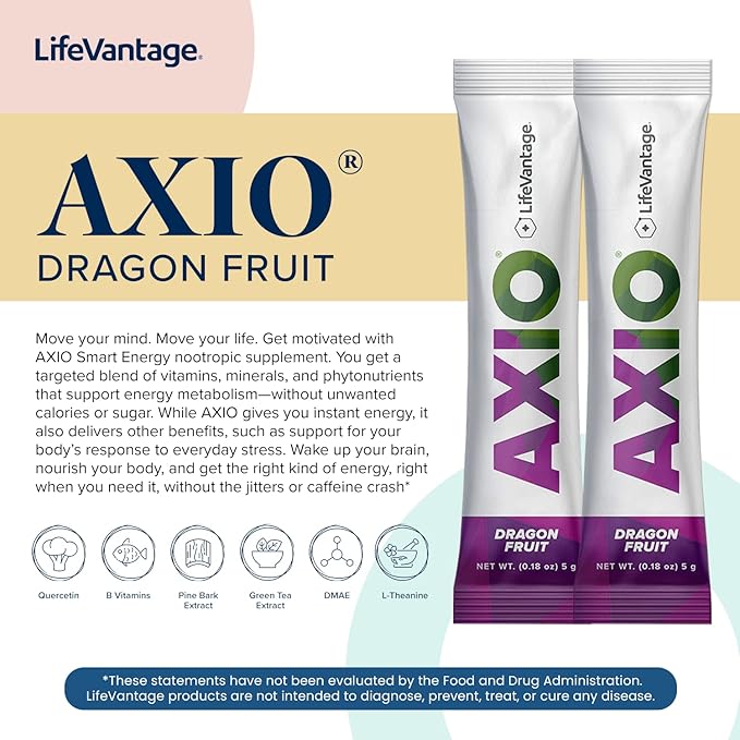 LifeVantage - AXIO - Regular Energy Drink Powder, Dragonfruit - with B Vitamins, DMAE, L-Theanine, Quercetin, Green Tea and Pine Bark - 30 Packets