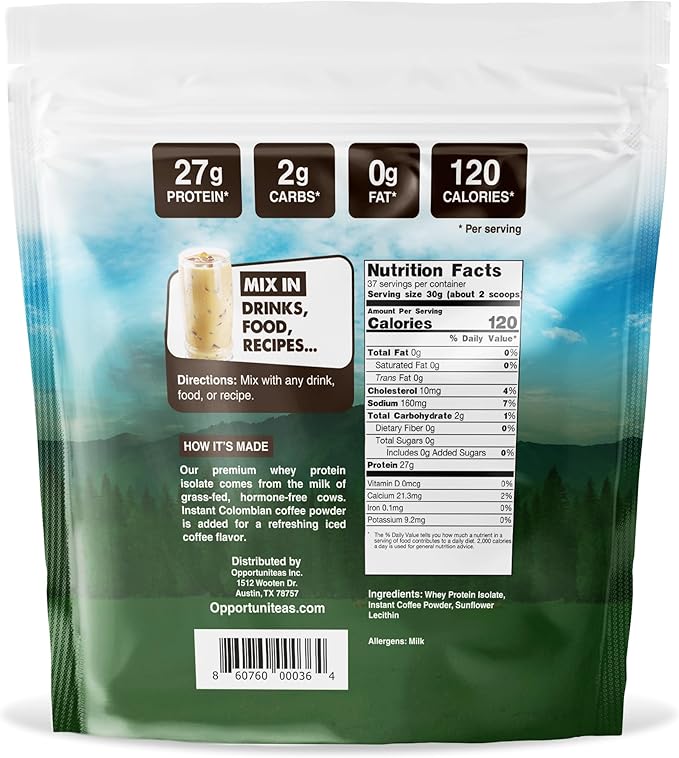 Opportuniteas Grass Fed Coffee Whey Protein Isolate Powder - 27g Protein Powder Without Artificial Sweeteners, 60mg Caffeine, Hormone-Free Cows - 5lb