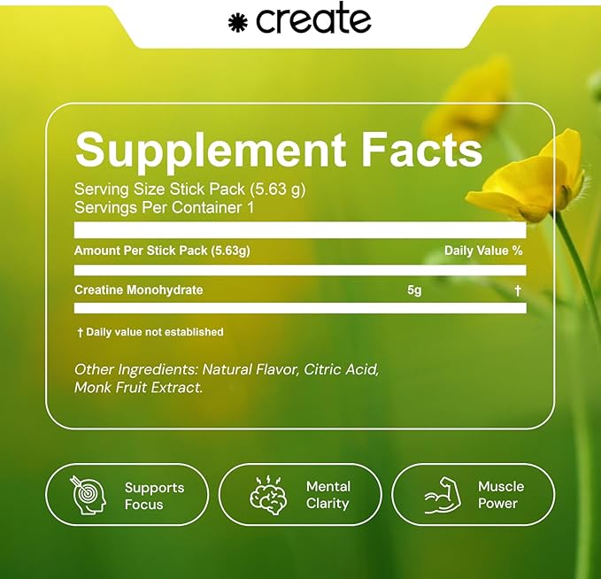 Create Single Serve Creatine Monohydrate Powder – 5g Creapure Creatine | Redefining Strength, Energy & Recovery | Sugar-Free, Vegan, Non-GMO | Unflavored, Lightly Sweetened, 0 Calories | 30 Packets