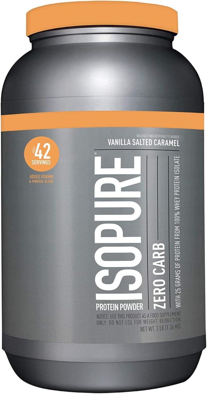 Isopure Zero Carb 100% Pure Whey Isolate Protein Powder, Lactose Free, Gluten Free, With Vitamins, Vanilla Salted Caramel, 25g Protein Per Serving, 3 Lbs, 42 Servings
