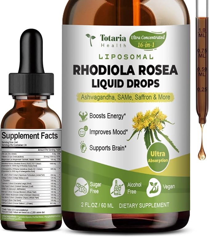 16-in-1 Liposomal Rhodiola Rosea Tincture, Ultra Strength Rhodiola Supplement w/Ashwagandha, Saffron, Magnesium, SAM-e, Rhodiola Rosea Extract Liquid Drops for Natural Relaxation, Mood, Energy
